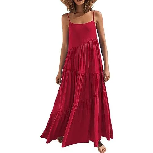 Women's Summer Casual Loose Sleeveless Spaghetti Strap Asymmetric Tiered Beach Maxi Long Dress