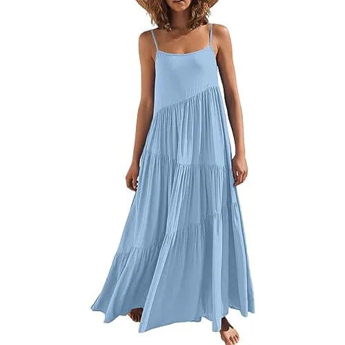 Women's Summer Casual Loose Sleeveless Spaghetti Strap Asymmetric Tiered Beach Maxi Long Dress