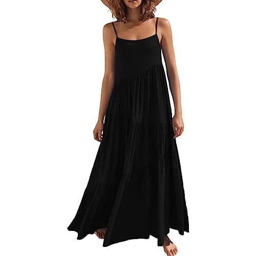 Women's Summer Casual Loose Sleeveless Spaghetti Strap Asymmetric Tiered Beach Maxi Long Dress