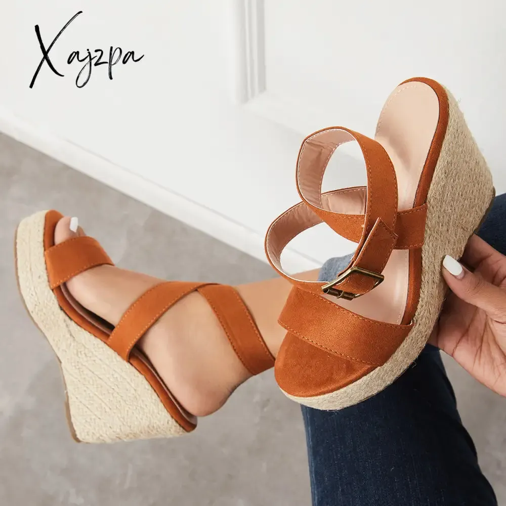 Xajzpa - Criss Cross Ankle Strap Espadrille Wedge Platform Sandals