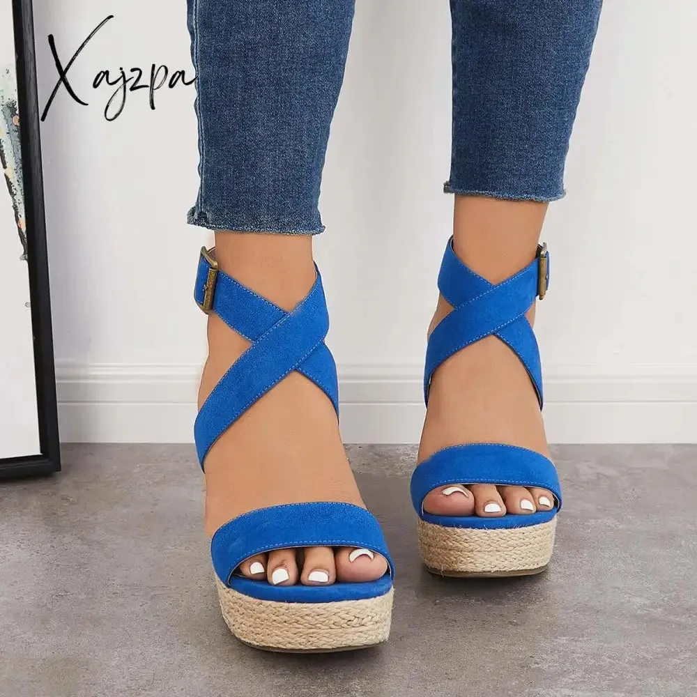 Xajzpa - Criss Cross Ankle Strap Espadrille Wedge Platform Sandals