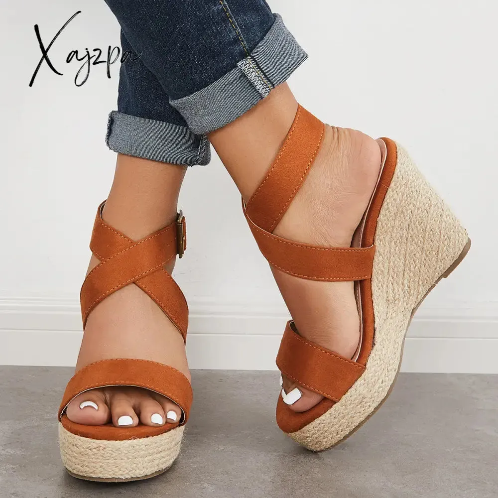 Xajzpa - Criss Cross Ankle Strap Espadrille Wedge Platform Sandals