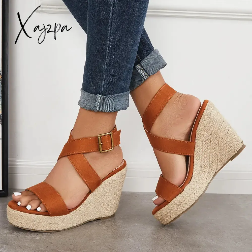 Xajzpa - Criss Cross Ankle Strap Espadrille Wedge Platform Sandals