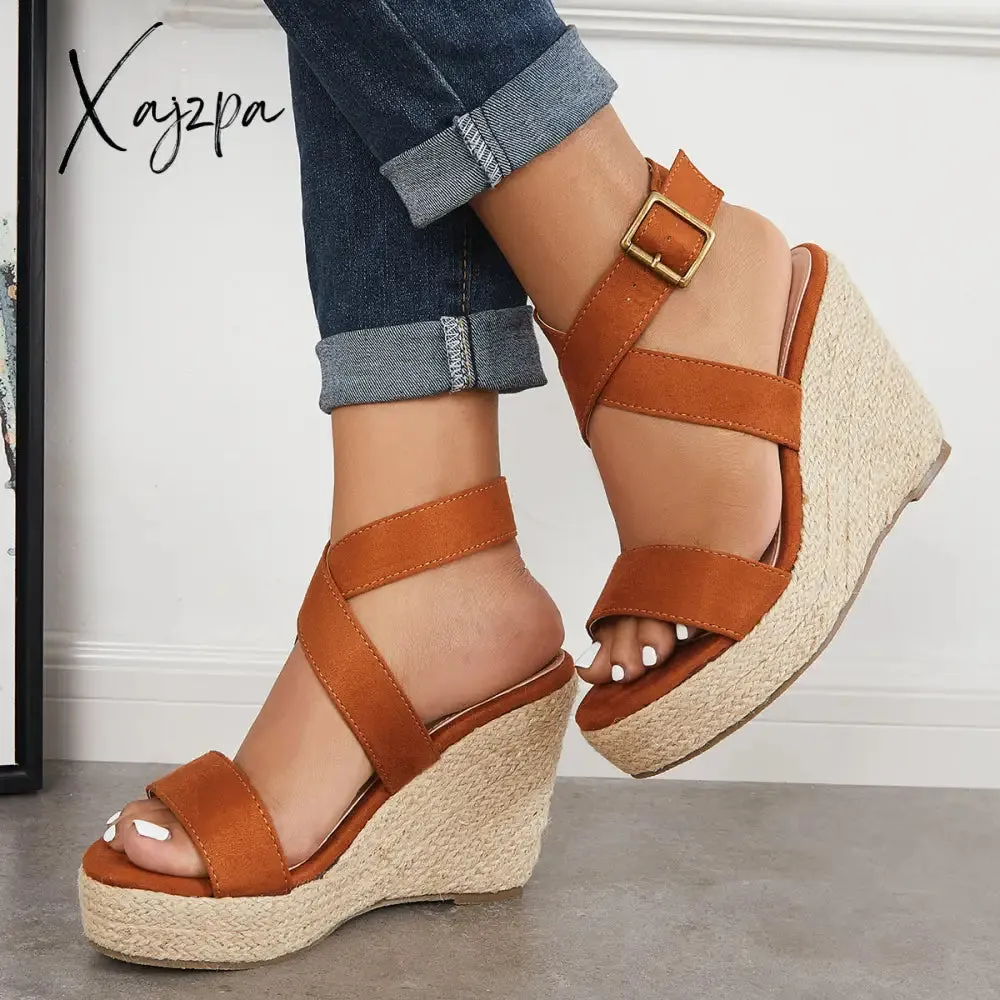 Xajzpa - Criss Cross Ankle Strap Espadrille Wedge Platform Sandals