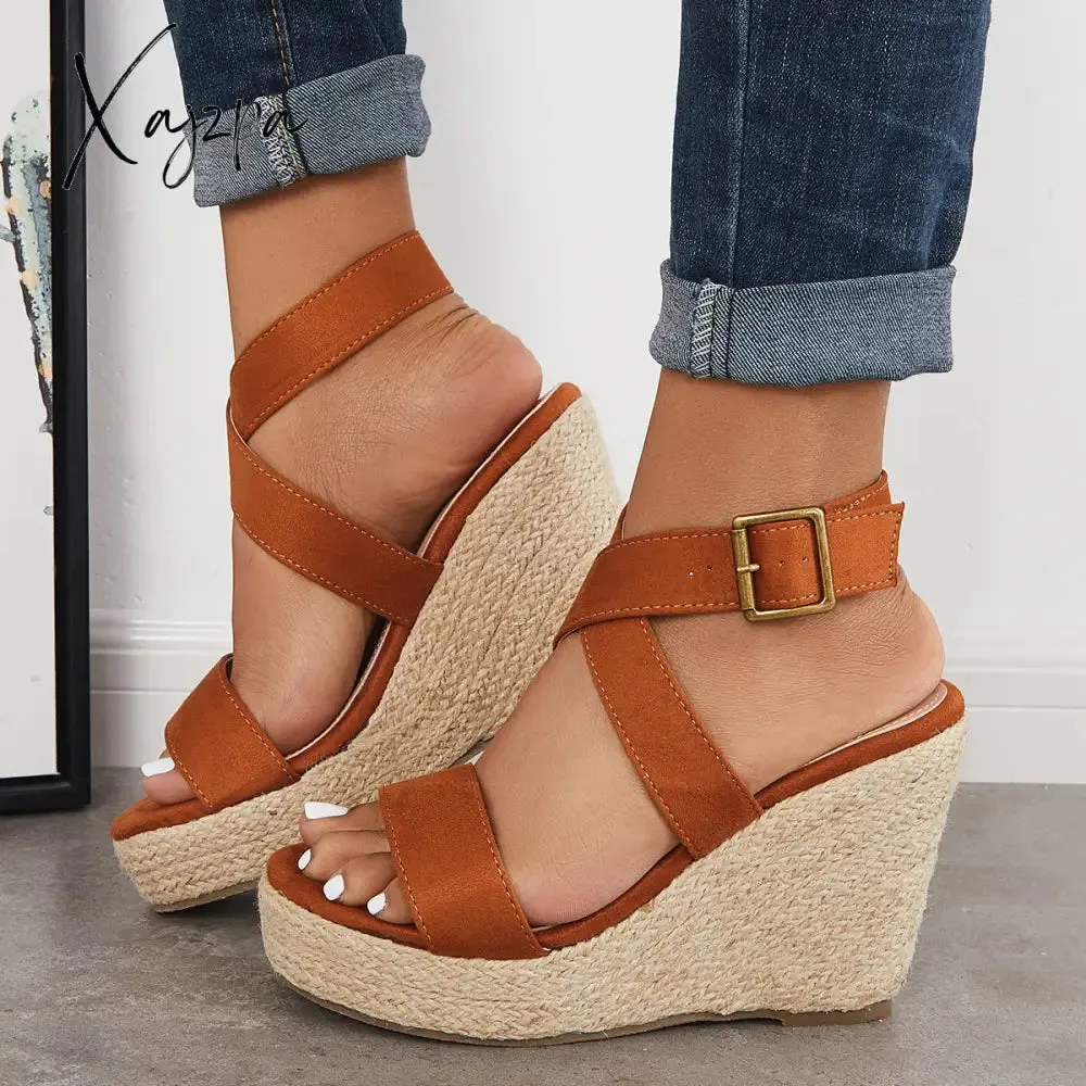 Xajzpa - Criss Cross Ankle Strap Espadrille Wedge Platform Sandals