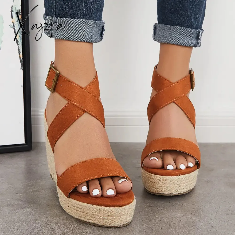 Xajzpa - Criss Cross Ankle Strap Espadrille Wedge Platform Sandals