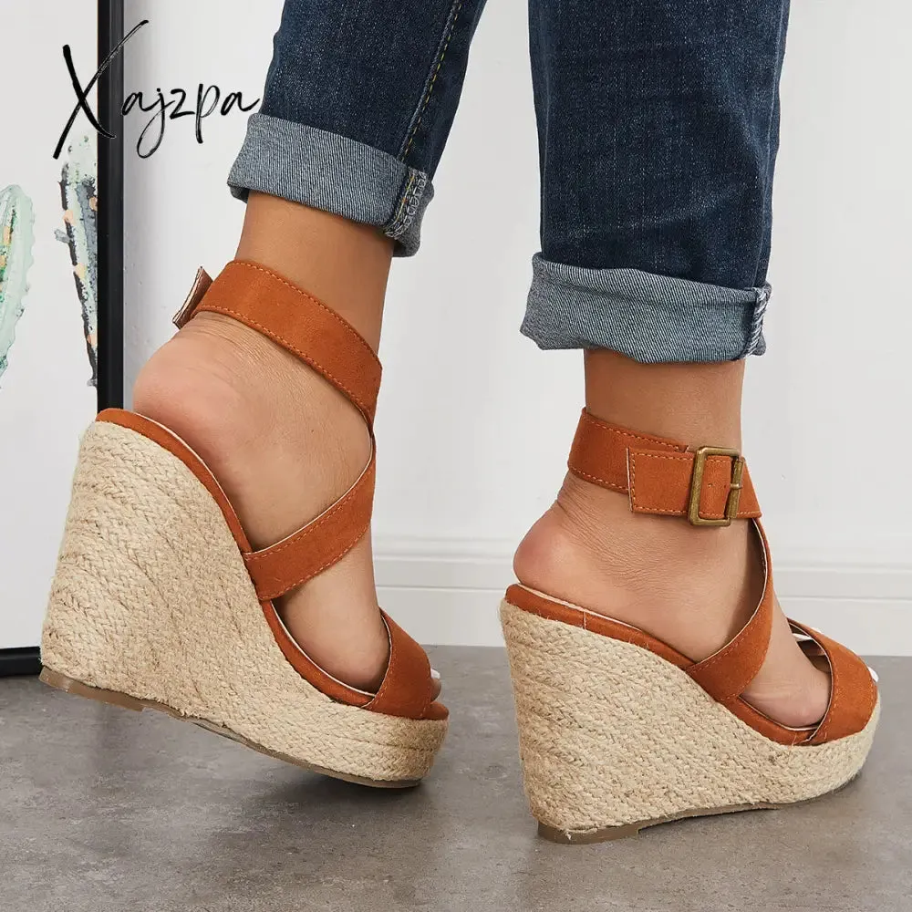 Xajzpa - Criss Cross Ankle Strap Espadrille Wedge Platform Sandals