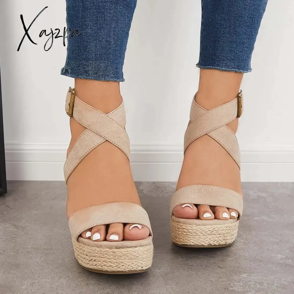 Xajzpa - Criss Cross Ankle Strap Espadrille Wedge Platform Sandals