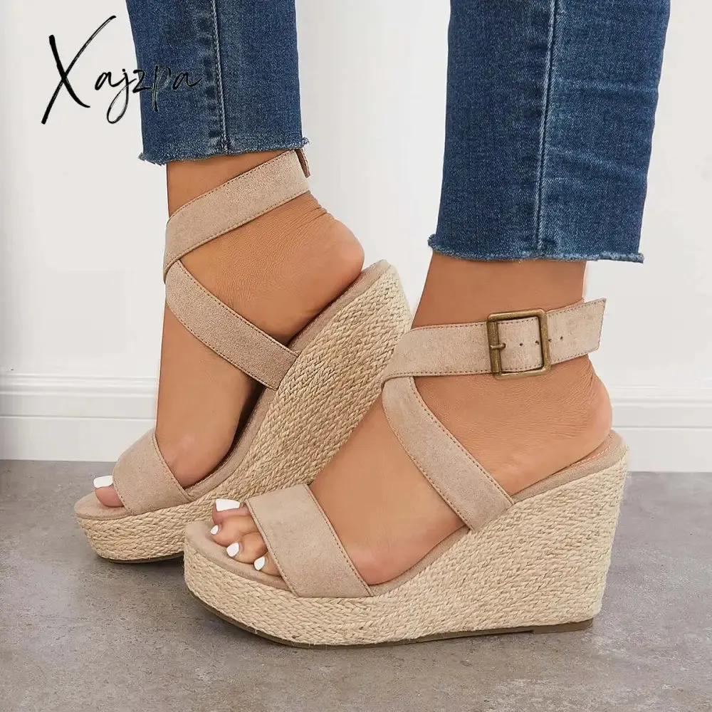 Xajzpa - Criss Cross Ankle Strap Espadrille Wedge Platform Sandals