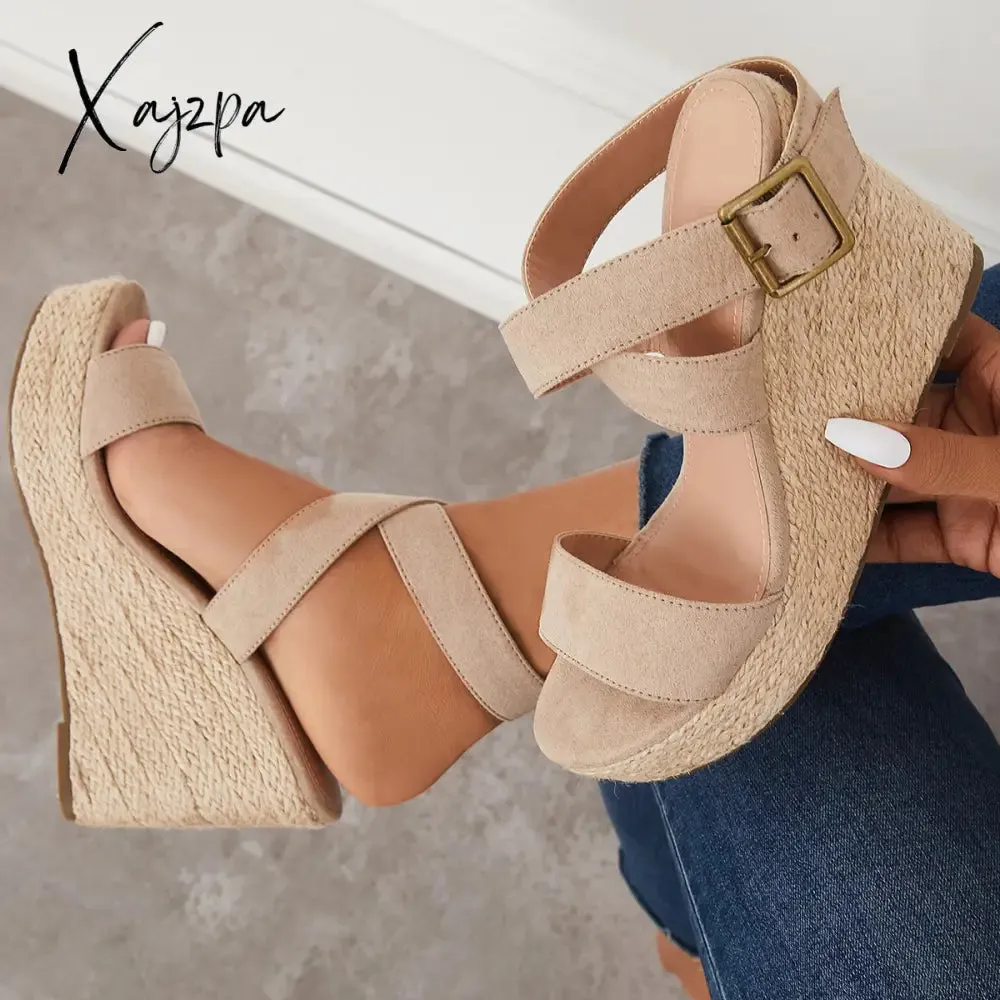 Xajzpa - Criss Cross Ankle Strap Espadrille Wedge Platform Sandals