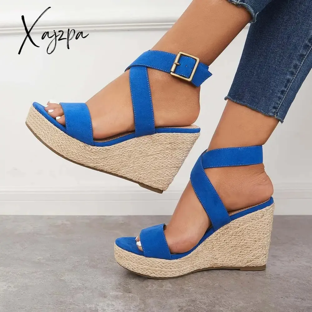 Xajzpa - Criss Cross Ankle Strap Espadrille Wedge Platform Sandals