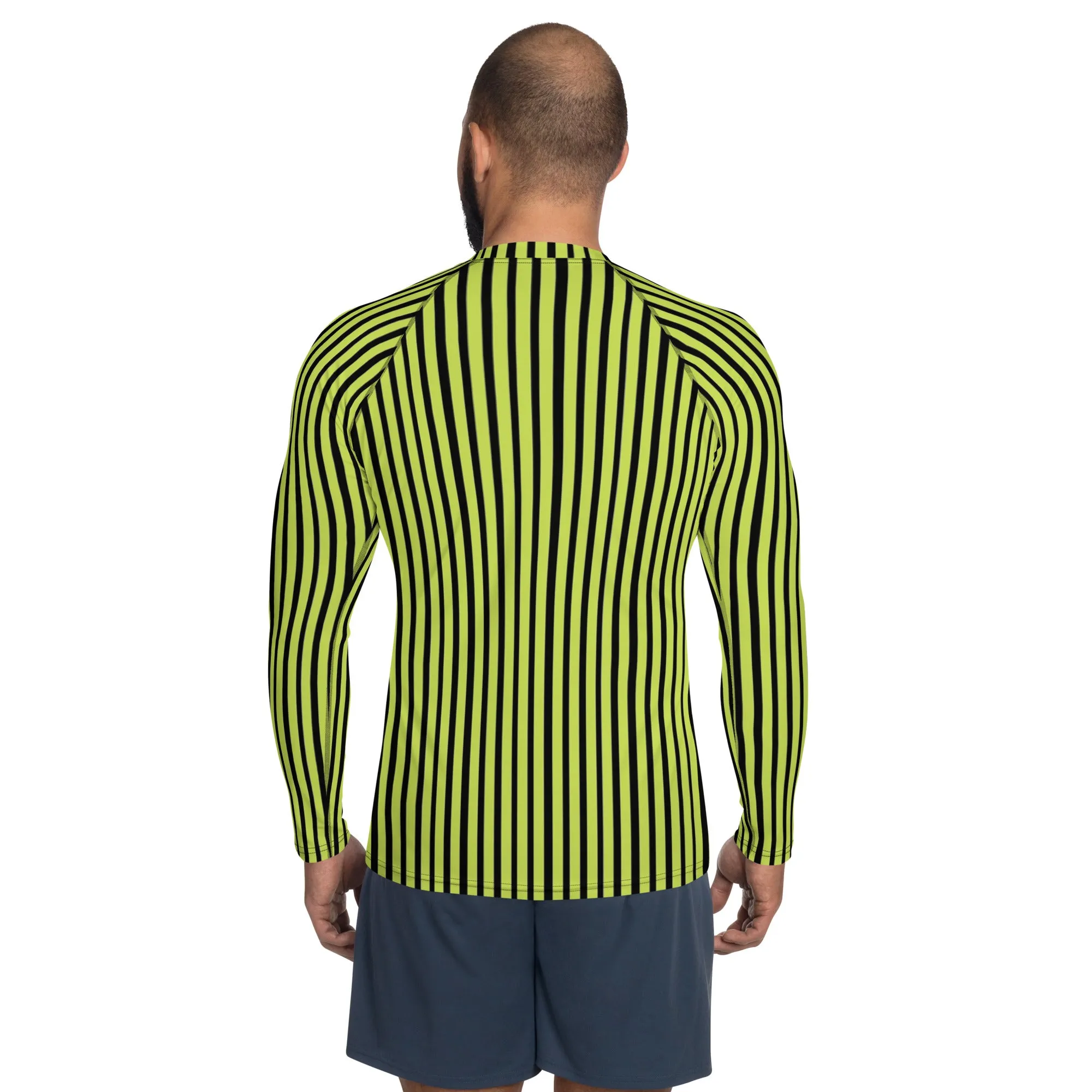 Yellow Black Striped Men's Top, Vertical Striped Designer Men's Rash Guards For Water Sports - Made in USA/EU/MX