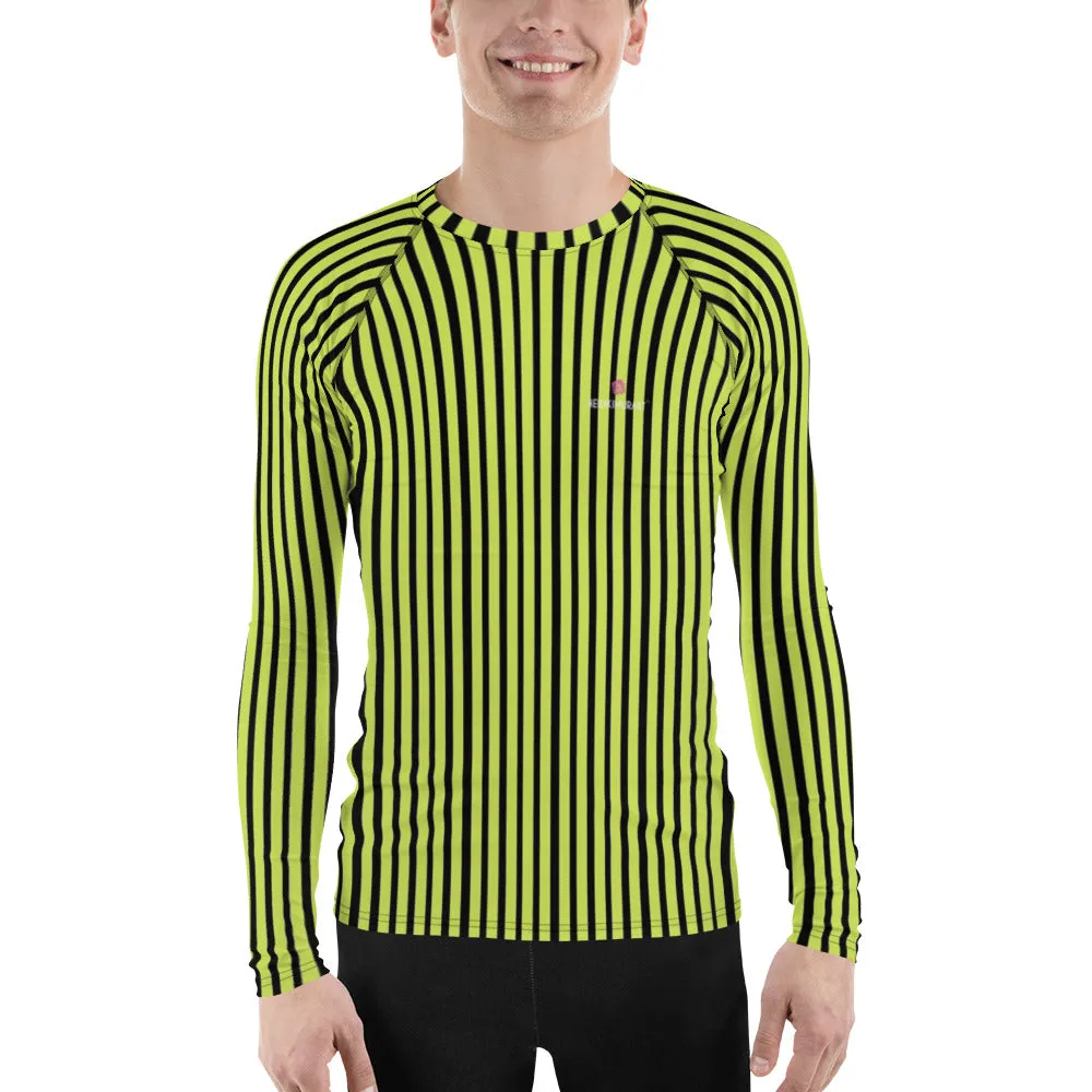 Yellow Black Striped Men's Top, Vertical Striped Designer Men's Rash Guards For Water Sports - Made in USA/EU/MX