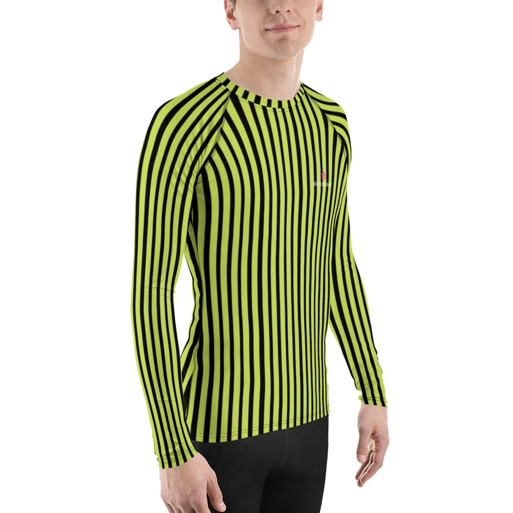 Yellow Black Striped Men's Top, Vertical Striped Designer Men's Rash Guards For Water Sports - Made in USA/EU/MX