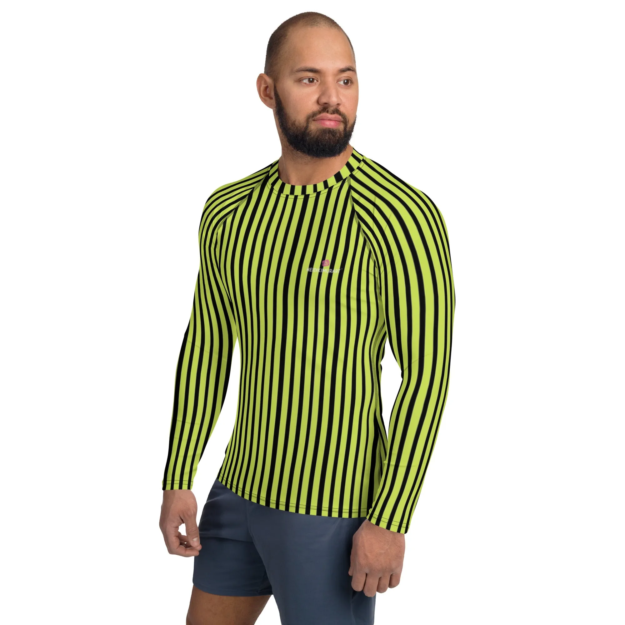 Yellow Black Striped Men's Top, Vertical Striped Designer Men's Rash Guards For Water Sports - Made in USA/EU/MX